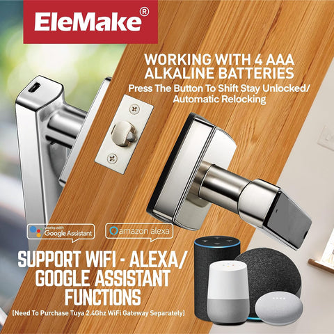 Elemake Smart Fingerprint Door Lock Sliver Security Google Wifi Locks for Bedroom