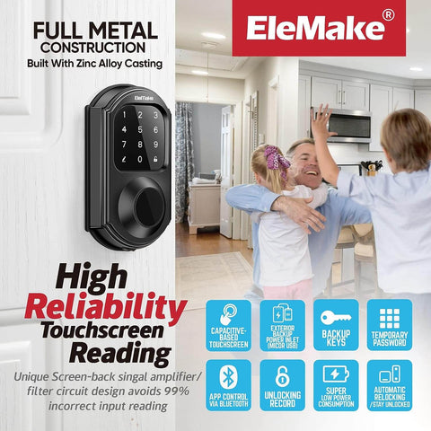 Elemake Smart Lock Deadbolt Lock 5 in-1 Keypad for Front Door Bedroom Black