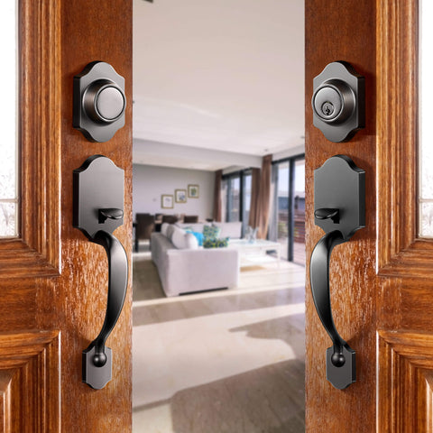 Elemake Front Door Handle Set with Deadbolt Lock, Black Keyed Entry Handle Door Lever Set