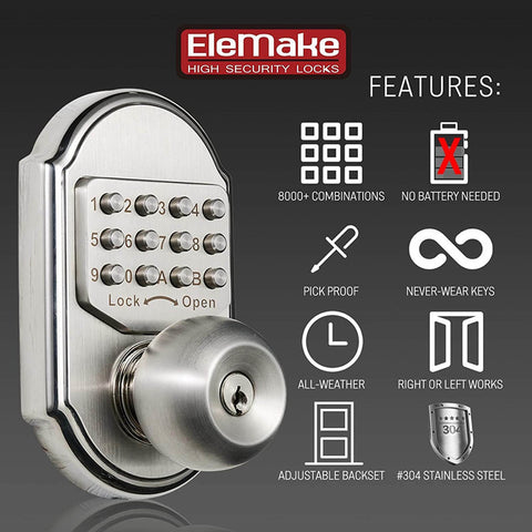 Elemake Combination Lockset Mechanical Push Button Door Lock